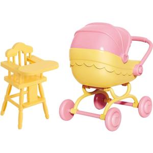 Mini Dollhouse Furniture Set, Baby Stroller and High Chair, Pink and Yellow Miniature Accessories, Kids Pretend Play Toys