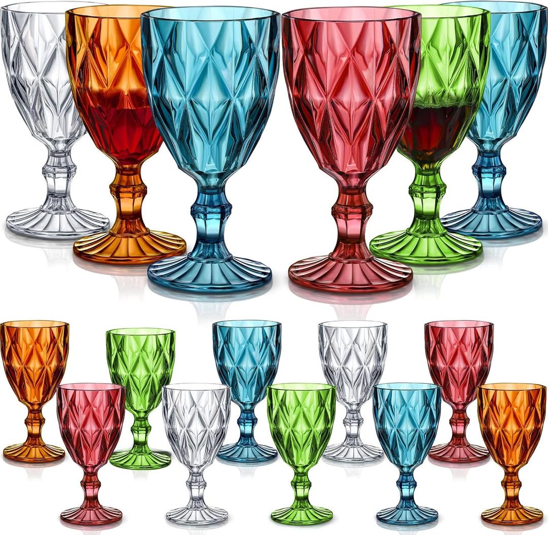 Zhehao 16 Pcs Acrylic Vintage Wine Glasses 12 oz Embossed Pattern Colored Wine Glasses Shatterproof Reusable Drinkware Set Champagne Plastic Goblets Clear Drinking Cups for Wedding Party Bar 5 Colors