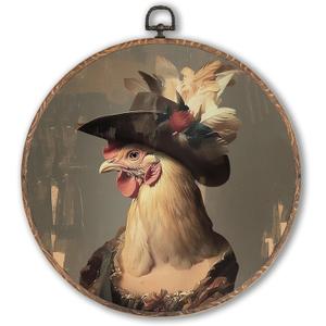 Whimsical Chicken Round Wall Art Framed, Dark Moody Rooster Round Wall Decor, Rustic Farm Animal Chicken Hanging Canvas Prints Wall Sculptures for Kitchen Bedroom Living Room Decor, 10x10 Inch