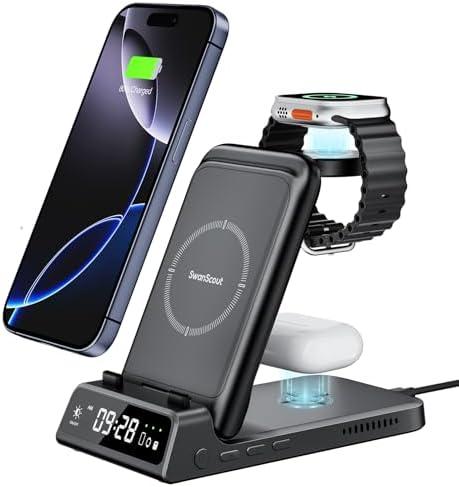 Charging Station for iPhone, SwanScout 703A, Wireless Charger for iPhone 16/15/14/13/12/11 Series, for Apple Watch 10/Ultra 2/9/8/7/6/5/SE 2, for Airpods Pro 2/4, Travel Foldable and Portable