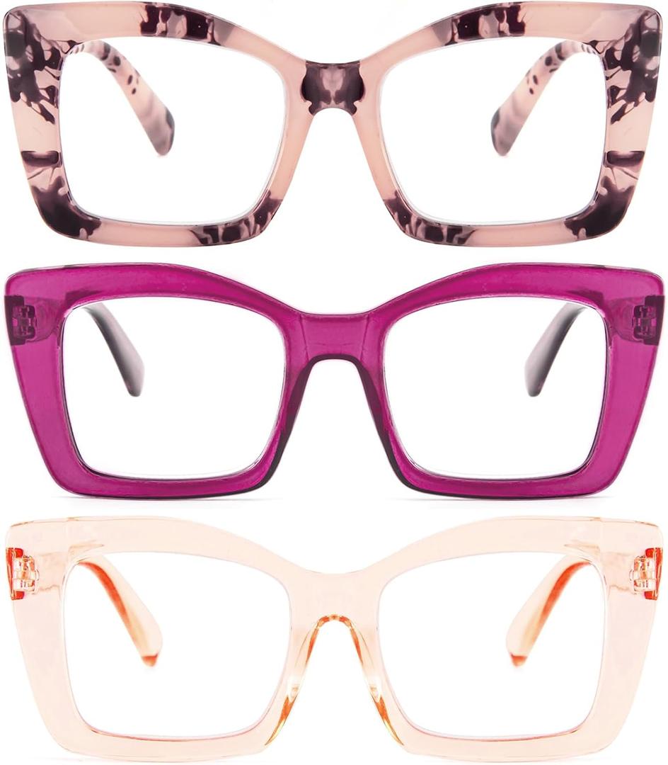 REAVEE Oversized Square Reading Glasses for Women, Blue Light Blocking Large Frame Computer Readers Spring Hinge