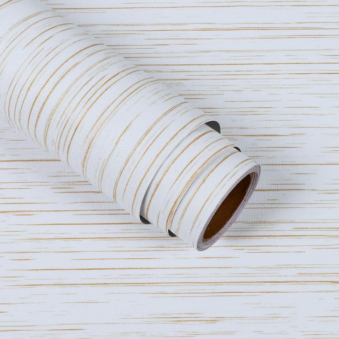 VaryStyle 15.7"x393" Gold and White Grasscloth Wallpaper Fabric Peel and Stick Wallpaper Textured Faux Grasscloth Contact Paper for Shelves Bathroom Apartment Renter Friendly Waterproof Vinyl Roll