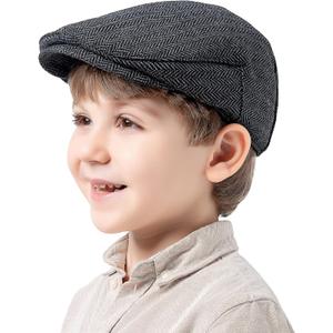 Jastore Kids Tweed Flat Cap Boys Newsboy Cap Toddler Pageboy Caps (7-9 Years, Black/Grey)