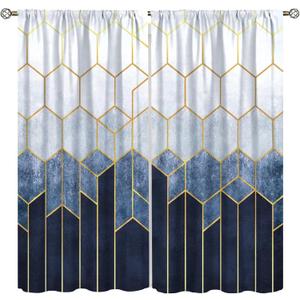 Geometric Marble Curtains, Navy Blue Gold Abstract Geometry Hexagon Pattern Texture Window Treatments for Bedroom Living Room Set 2 Panels,42x45 Inches