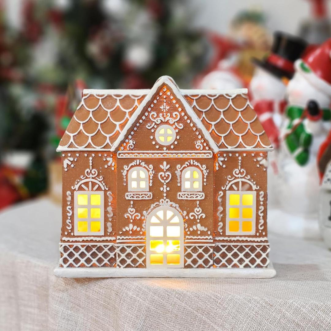 Gingerbread House Decor Gingerbread Christmas Decorations Indoor Resin House Village Figurine with LED Light Christmas Kitchen Tabletop Party Decor Gifts for Women