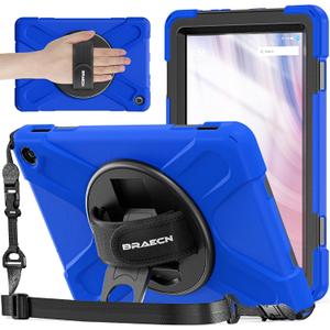 BRAECNstock Shockproof Protective Case for Amazon Fire HD 10 13th Generation 2023 Kids Case with Screen Protector [Rotating Hand Strap]& Stand,Pen Holder & Shoulder Strap - Blue