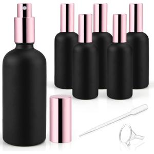 6 Pack 3.4 Oz Black Frosted Glass Spray Bottles,Empty Perfume Fine Mist Atomizer,Rose-Golden Pump Head Travel Liquid Holder Containers for Cologne,Essential Oils,Body Sprays-Funnel&Pipette