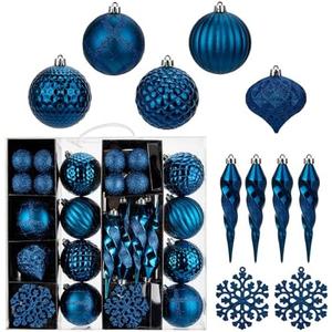 50PCS Christmas Tree Ornaments Set with Shatterproof Balls Icicle Snowflake Hanging Ornaments for Home Office Farmhouse Christmas Decorations, Dark Blue