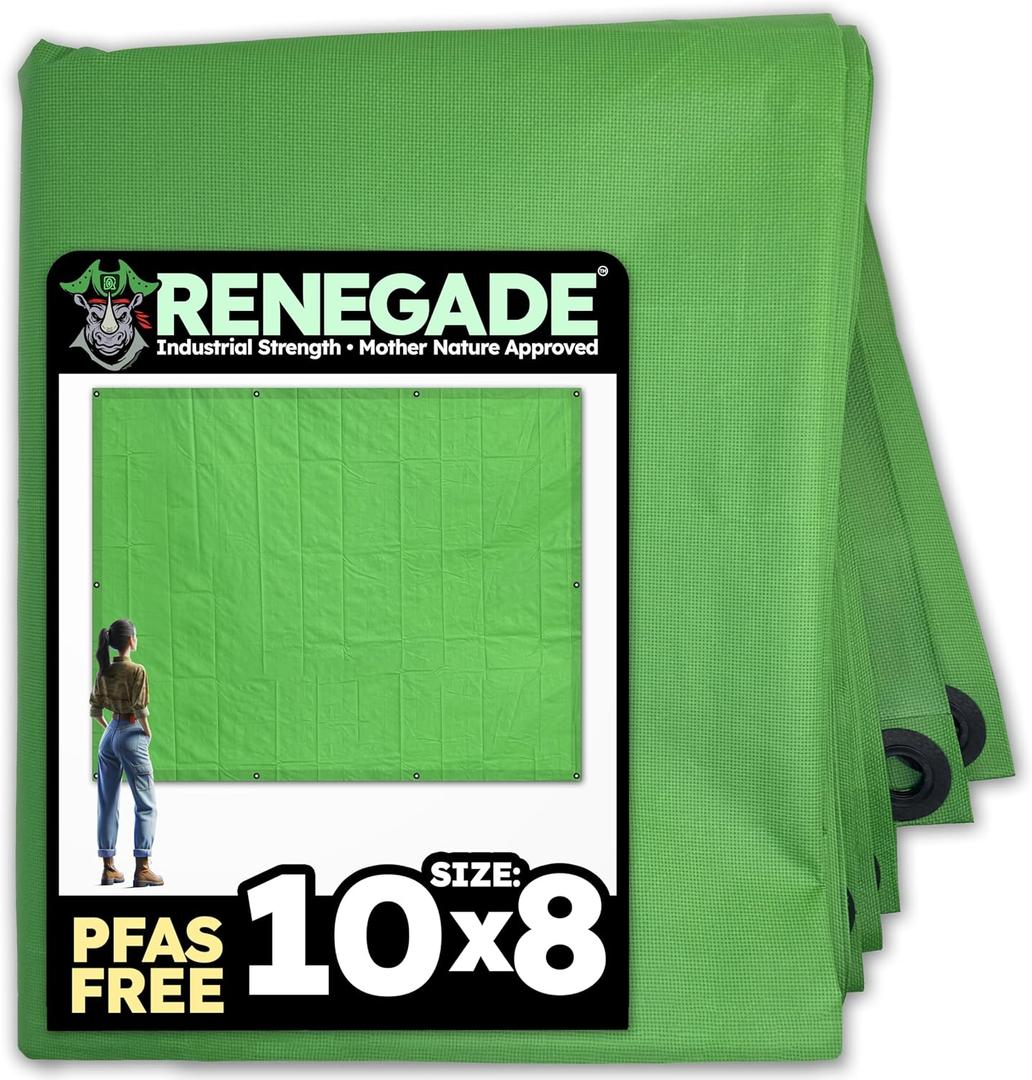 RENEGADE Industrial Tarp 10x8 ft Green  Heavy Duty, Waterproof, UV-Resistant, PFAS-Free  All-Purpose Tarpaulin for Construction, Outdoor Projects, Camping & Equipment