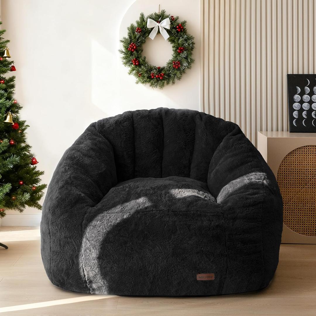MAXYOYO Giant Bean Bag Chair, Oversized Bean Bag Couch for Adults and Kids, Faux Fur Shell-Shaped Large Chair with Filler, Stuffed Big Accent Sofa Lounge Floor Sofa for Gaming, Reading, Black