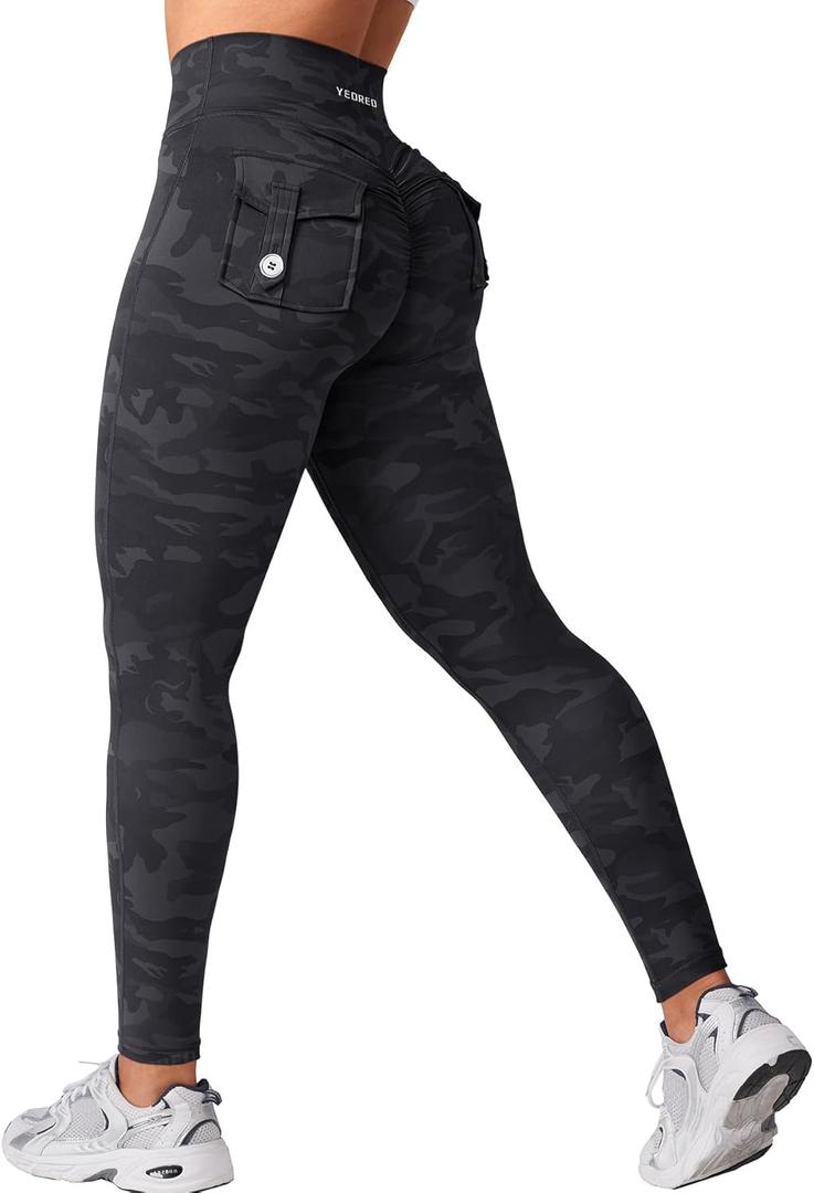 YEOREO Leggings with Pockets for Women Charm Scrunch Workout Leggings V Cross Waist Butt Lifting Gym Yoga Pants Black Camo L