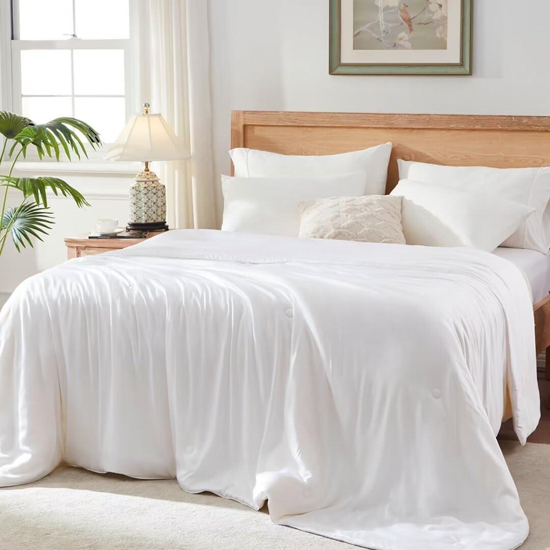 Globon Summer Comforter King Size,Luxurious Lightweight Blanket for Hot Sleepers,Natural Cooling Bamboo Viscose Shell,Organic Breathable Fill, Double Stitch,White