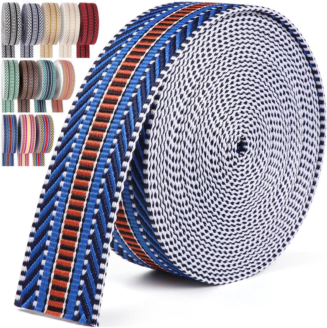 Webbing 1.5 Inch Royal Blue-Orange Stripes - 6 Yards Webbing Straps for Bags -Polycotton Jacquard Webbing Nylon Ribbon 1 1/2 Inch for Bag Purse Hanging Belt Tote Straps