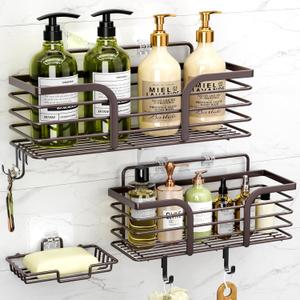 Yougai Shower Caddy 3 Pack, No drilling Stainless Steel Hanging Shower Organizer Set, Strong Adhesive Shower Organizer for Bathroom Storage, Waterproof & Large Bearing Weight Organizer Shelf, Brown