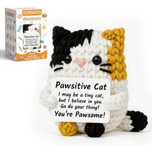 Positive Crochet Cat Animal Emotional Cheer Up Support Gifts, Funny Crochet Mini Handmade Cat for Women Men Friends Mom Birthday Christmas Mothers Day Graduation Gifts