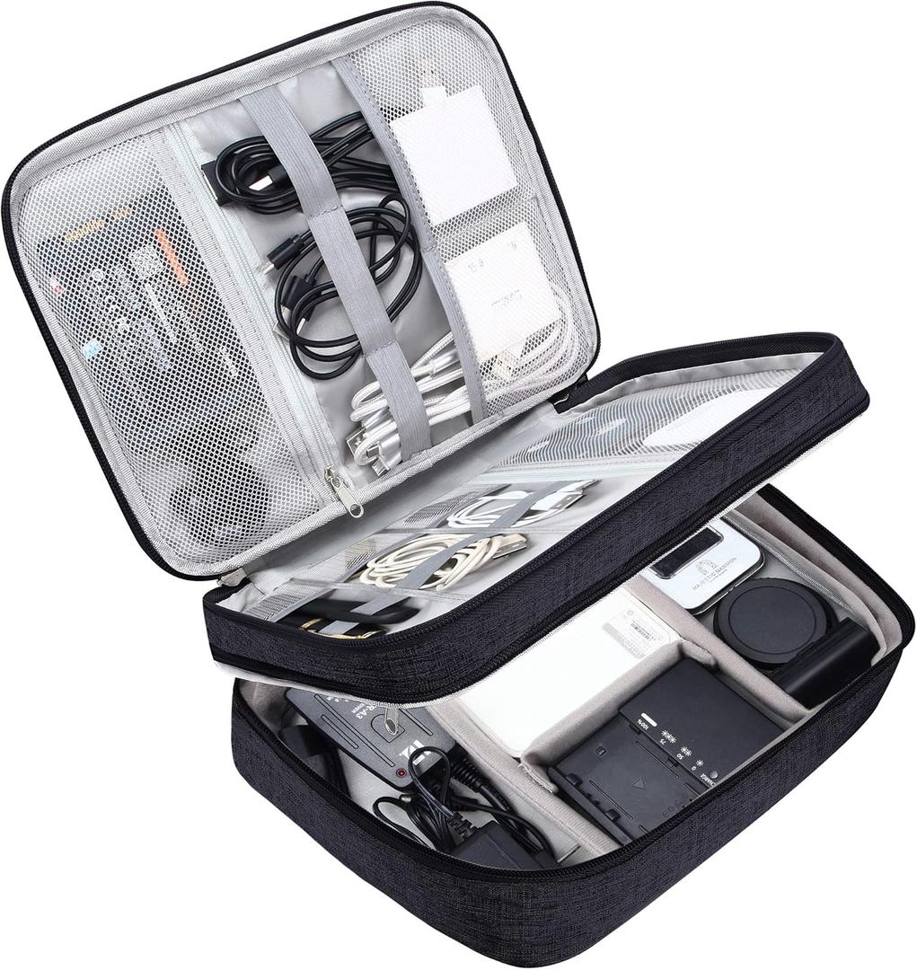SELLYFELLY Electronic Bag Travel Cable Accessories Bag Waterproof Double Layer Electronics Organizer Portable Storage Case for Cable, Cord, Charger, Phone, Adapter, Power Bank, Kindle, Hard Drives (Black)