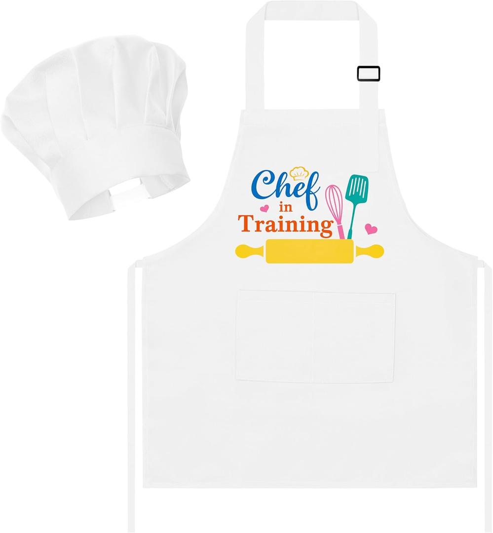 R HORSE Kid Apron and Chef Hat Set 2Pcs Adjustable Children White Kitchen Apron Dress up Role Play Chef Toy Kid Funny Cooking Gift Birthday Gift for Kids Cooking Baking Painting and Training