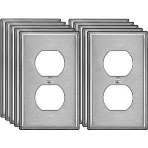 BESTTEN 10 Pack Duplex Receptacle Metal Wall Plate with Protective Film, 1 Gang Standard Industrial Stainless Steel Outlet Cover, Durable Corrosion Resistant, Brushed Finish, Silver (1 Gang Duplex 10PK, Brushed Stainless Steel)