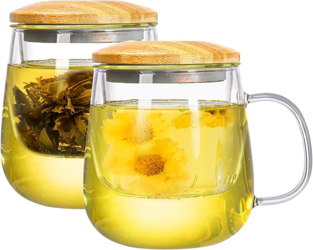 Tosnail 2 Pack 18 Ounce Large Glass Tea Cup with Bamboo Lid and Tea Infuser Set, Tea Mugs with Strainer, Clear Teacups with Tea Filter, Glass Cups for Blooming Tea, Loose Tea Brewing