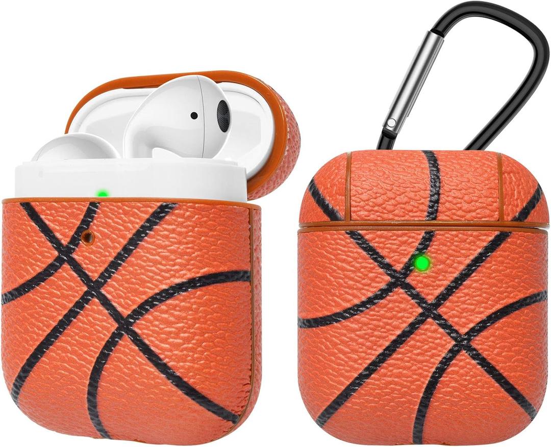 Tekcoo AirPods Case, [Front LED Visible] AirPods Accessories Cover Compatible with Apple Airpods 1 & AirPods 2 Protective PC Plastic Inner + PU Vegan Leather Pattern Skin & Keychain [Basketball]