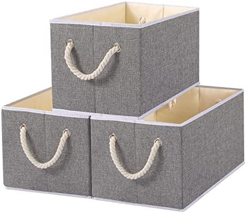 Yawinhe Foldable Storage Basket 3-Pack, Large Fabric Bins with Rope Handle, Used for Organizing Shelves, Closets, Clothes, 12.99''Lx9.05''Wx7.87''H, Grey
