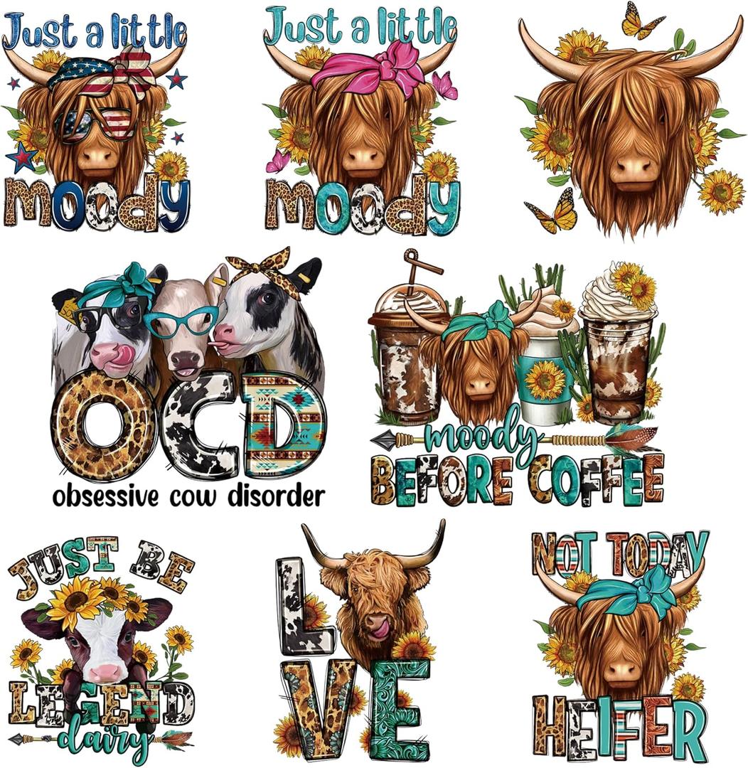 8 Pcs Highland Cow Heat Transfer Patches, Vinyl Designs Iron on Transfers for T-Shirts, Western DTF Heat Transfer Stickers for Clothes, Iron on Decals for DIY Clothing, Hats and Pillows