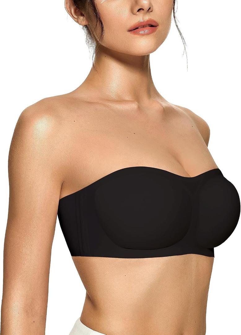 OEAK Womens Strapless Bras Jelly Push Up Bandeau Bra Non Slip Wireless Supportive Padded Bras Seamless Comfortable Tube Bra Black Medium
