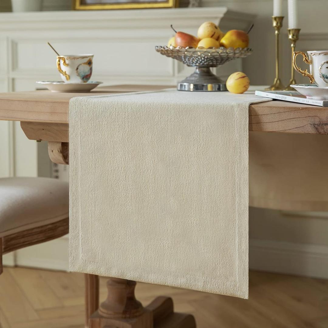 ZeeMart Burlap Style Farmhouse Table Runners 90 Inches Long, Cream Rustic Woven Dining Table Runner for Everyday Use, 14x90 Inches, Cream