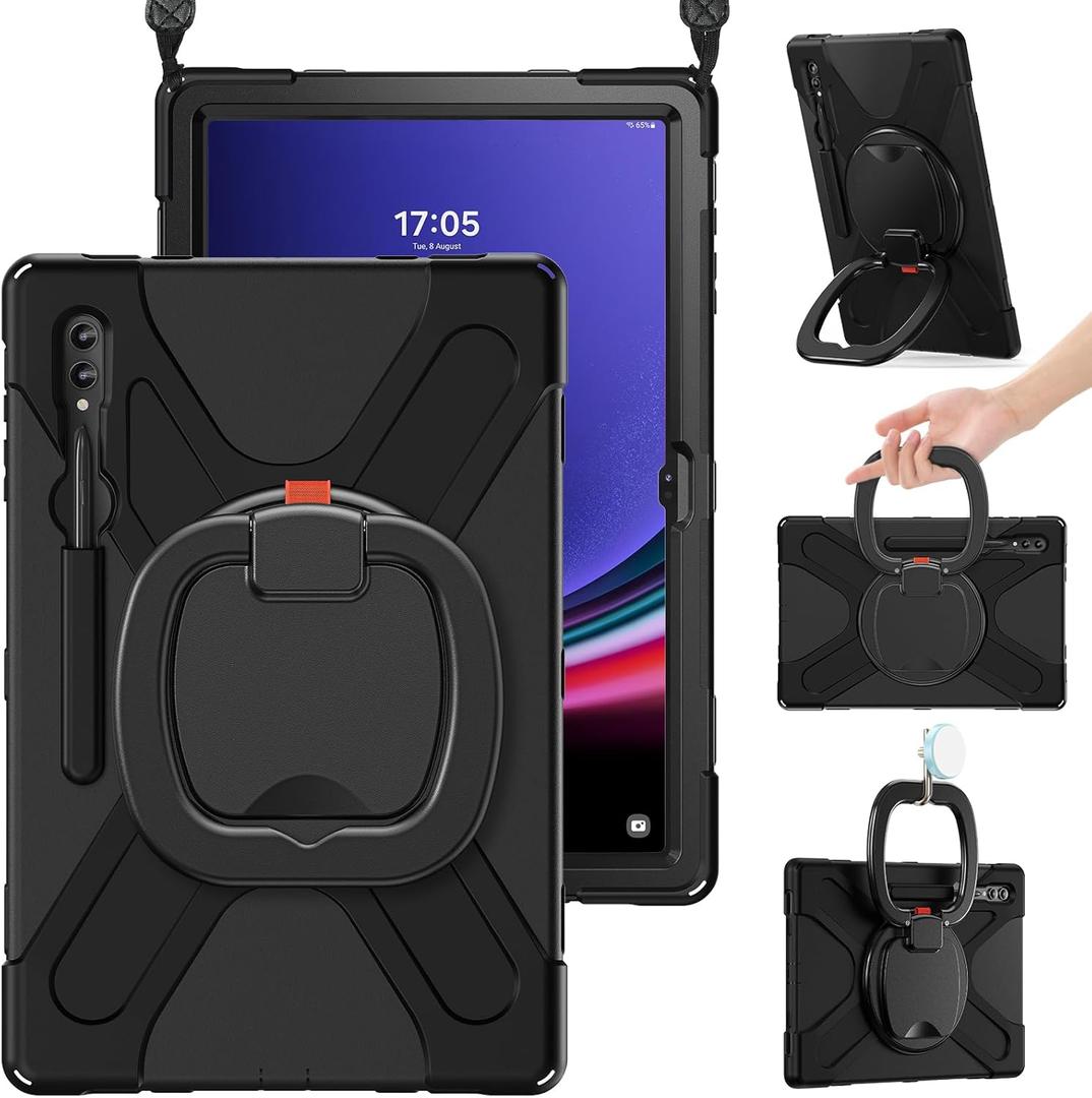 BRAECN Samsung Galaxy Tab S9 Ultra/ S8 Ultra Case 14.6 Inch 2023/ 2022 (SM-X910/ X900), Heavy Duty Silicone Cover with S Pen Holder, Handle Strip, Kickstand, Shoulder Strap for Galaxy Tab S9 Ultra, Black