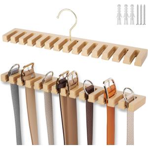 ZEDODIER Belt Hanger for Closet, Sturdy Wood Belt Rack for Men and Women, 14 Storage Capacity, Space Saving Hanging Belt Holder for Closet Organizers and Storage, Natural