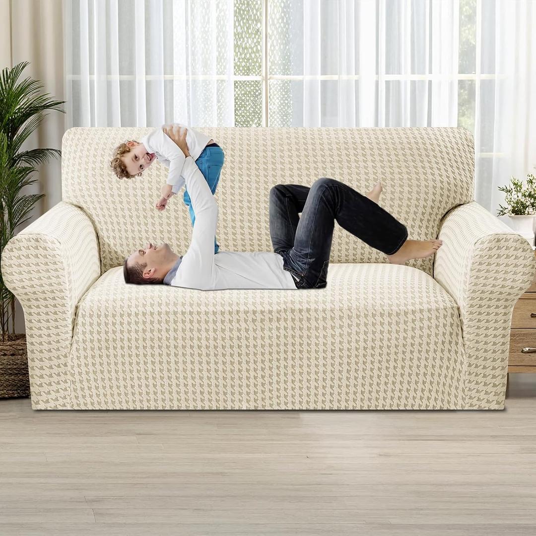 MAXIJIN Stretch Loveseat Couch Cover for 2 Cushion Couch (55"-69" Washable Sofa Slipcovers with Non-Slip Foam & Elastic Strap, Dog Cat Pet Friendly Furniture Protector (Medium, Beige)