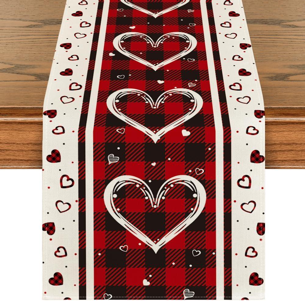 Artoid Mode Buffalo Plaid Love Hearts Valentine's Day Table Runner, Seasonal Kitchen Dining Table Decoration for Indoor Home Party 13x60 Inch (Red)