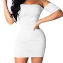 GOBLES Women's Summer Short Sleeve Sexy Bodycon Ruched Mini Party Dress (Red)