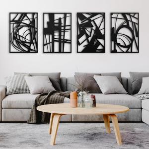 Moolashiny 4 Pack Metal Abstract Wall Art Decor, Single Line Minimalist Art Dcor, 3D Sculptures Textured Hanging Wall Home Decor for Bathroom Living Room Bathroom Study, Black (Metal Black)