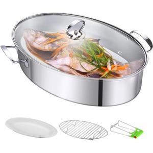 Stainless Steel Fish Steamer, Fish Steamer for Cooking Multi-Use Oval Pasta Pot/Braiser with Rack, Ceramic Pan, Chuck, Stockpot for Steaming Fish, Boiling Soup