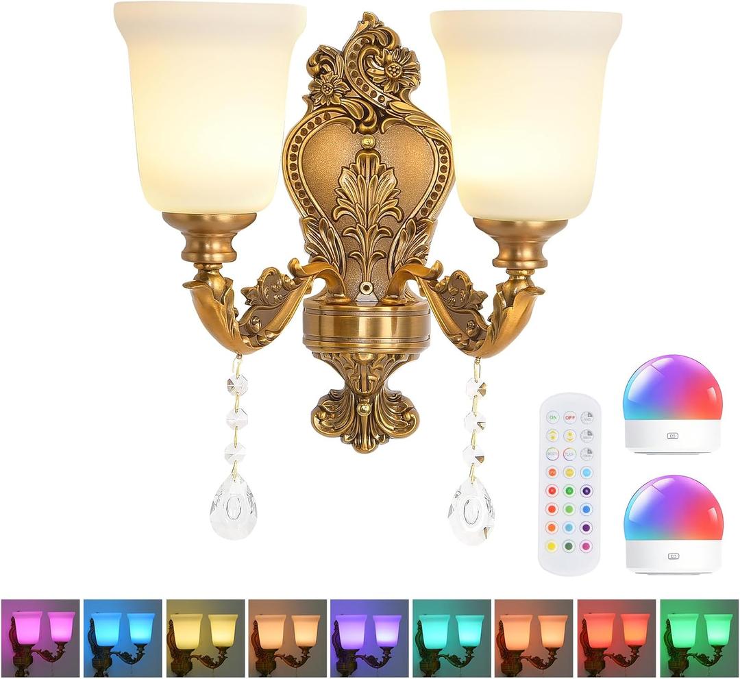 Battery Operated Wall Sconce 2-Light, RGB Dimmable Rechargeable Wall Light with Glass Shade, 48hr Battery Life Wireless Sconce with Remote Control Timer, Farmhouse Rustic Style Wall Lighting Fixture