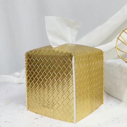 HOMOTEK 1 Pack Tissue Box Cover, Square PU Leather Tissue Holder, Decorative Facial Tissue Cube Paper Organizer Dispenser for Bathroom, Night Stands, Desk, Car 5X5X5'' - Woven Waffle, Glod Brass