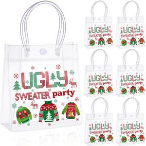 Sweetude 24 Pcs Ugly Sweater Party Clear PVC Goodie Bag with Handles Christmas Treat Bags for New Year Christmas Birthday Gifts Xmas Holiday Supplies, 6.3 x 5.9 x 2.7 Inch (Ugly Sweater A)