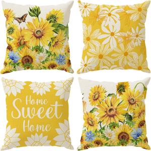 Watercolor Sunflower Butterfly Summer Pillow Covers Throw Pillow Cases Set of 4 Decorations for Home Sofa Cushion Cover Party Holiday Decor 16x16 Inch