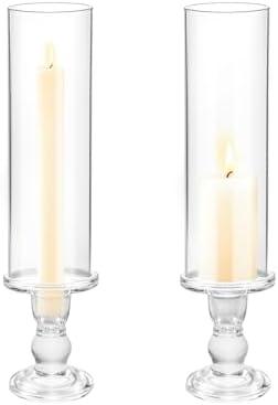 Clear Glass Hurricane Candle Holder Set of 2, 13.8 inch Tall Candlestick Holder for Taper Candles, Hurricane Glass Candle Holders for Table Centerpiece Wedding Party Dining Event Decor