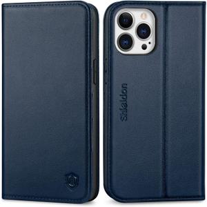 SHIELDON Wallet Case for iPhone 13 Pro Max 5G, Genuine Leather Magnetic Folding Shockproof Full Protection Case with Kickstand Credit Card Slots Compatible with iPhone 13 Pro Max (6.7") - Navy Blue