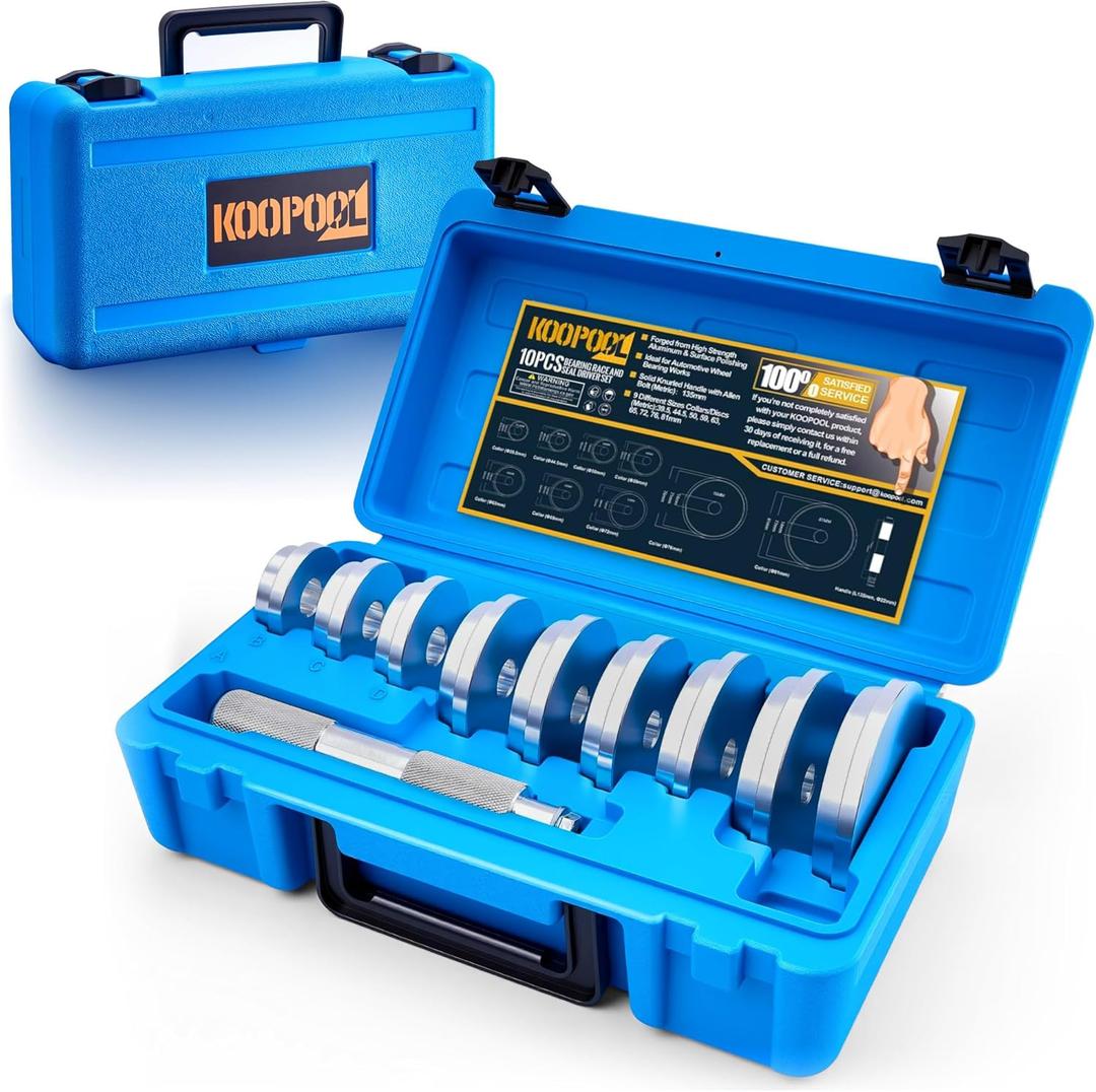 KOOPOOL 10-Pieces Wheel Bearing Press Kit: Includes Seal Driver, 9 Bearing Adapters, and Seal Installer for Efficient Bearing Installation, Universal Bearing Race and Seal Bushing Driver Install Set