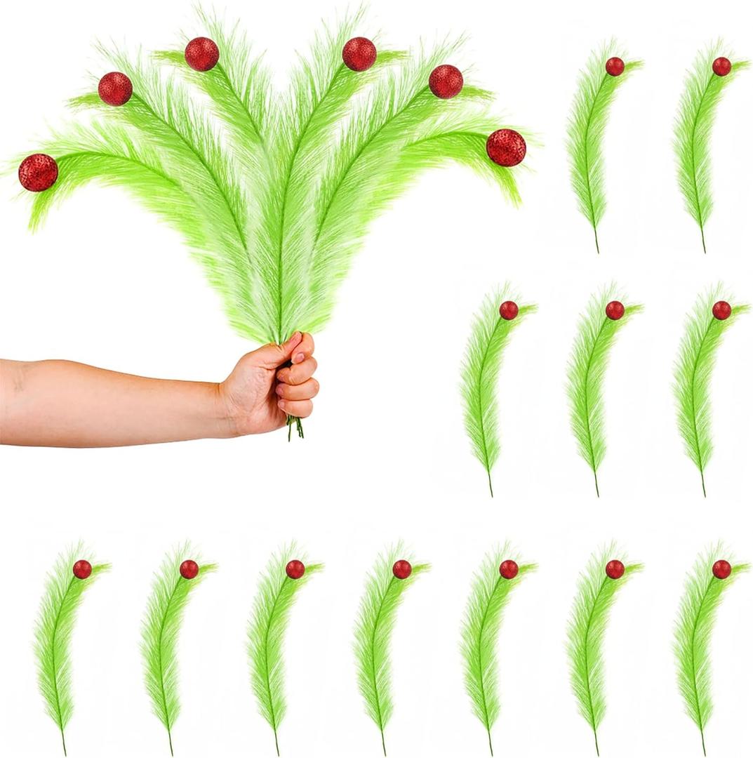 12Pcs 17 Inch Christmas Tree Topper Decorations Curly Stems Red Ball Ornaments Furry Lime Green Christmas Monster Tree Picks Accessory for Indoor Christmas Home Wreath Craft Supplies