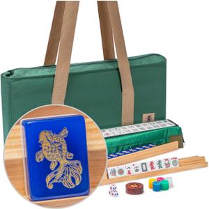 Yellow Mountain Imports American Mahjong Set, Koi Fish with Green Soft Case - Four Wooden All-in-One Racks with Pushers, Wright Patterson Scoring Coins, Dice, and Wind Indicator