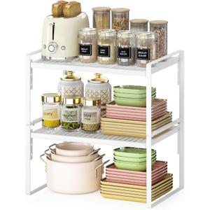 2 Pack Kitchen Countertop Organizer, Stackable Cabinet Shelf Organizer, 2 Tier Adjustable Kitchen Counter Shelves Riser For Pantry Cupboard Bathroom Organization And Storage, Desk Shelf,Spice Rack (White, 10.51"D x 16"W x 8.26"H)