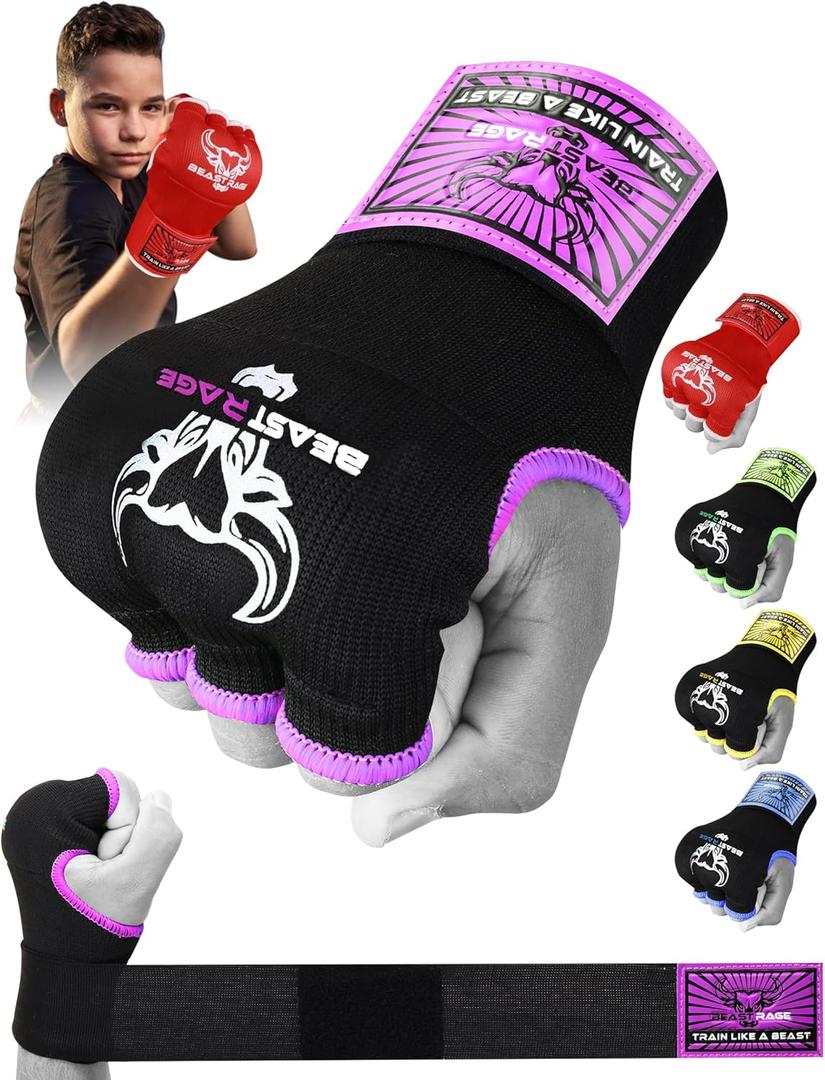 BEAST RAGE Inner Gloves with Hand Wraps Quick Wrap Long 36" Wrist Support MMA Muay Thai Bandages Punching Martial Arts Training Men Women Kickboxing Bandages Under Bag Gloves