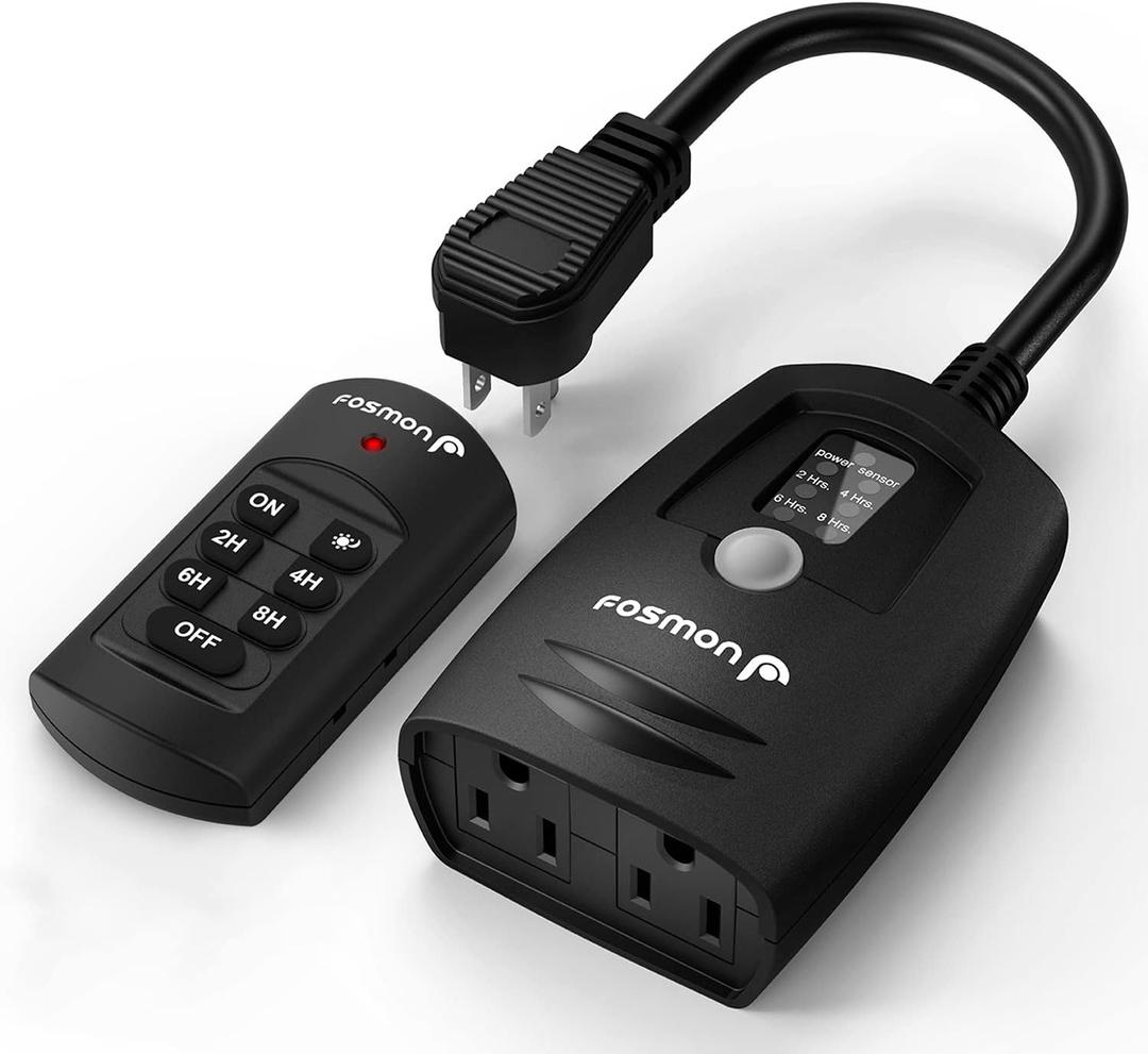 Fosmon Outdoor Light Timer Outlet with Remote Control, Waterproof Dusk to Dawn Plug-in Timer with Wireless Remote for Electrical Outlets, Outside Lighting, 100 ft Range, 15A 1/2HP, Grounded-UL Listed