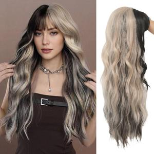 Black Blonde Long Curly Wavy Wig for Women with Bangs Black Mix Blonde Highlight Natural Heat Resistant Wigs Halloween Daily Party Hair Wig