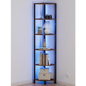 Furnulem 6 Tier Corner Shelf with LED Light, 67.5 Tall Standing Shelf Organizer, Narrow Bookshelf with Storage Rack for Wall Corner, Living Room, Bedroom, Metal Frame, Wood Display Shelf