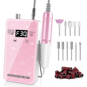 Professional Electric Nail Drill File:COSYGLOW Glitter Portable Cordless E-File Nail Drill Kit with 11 Drill Bits,30000 RPM Rechargeable Nail Drills Machine for Acrylic Nails Gel Polishing (Pink)
